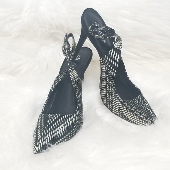 Charles by Charles David Black Geometric Pointed Toe Sling Back Slim High Heel 7 - Picture 1 of 8